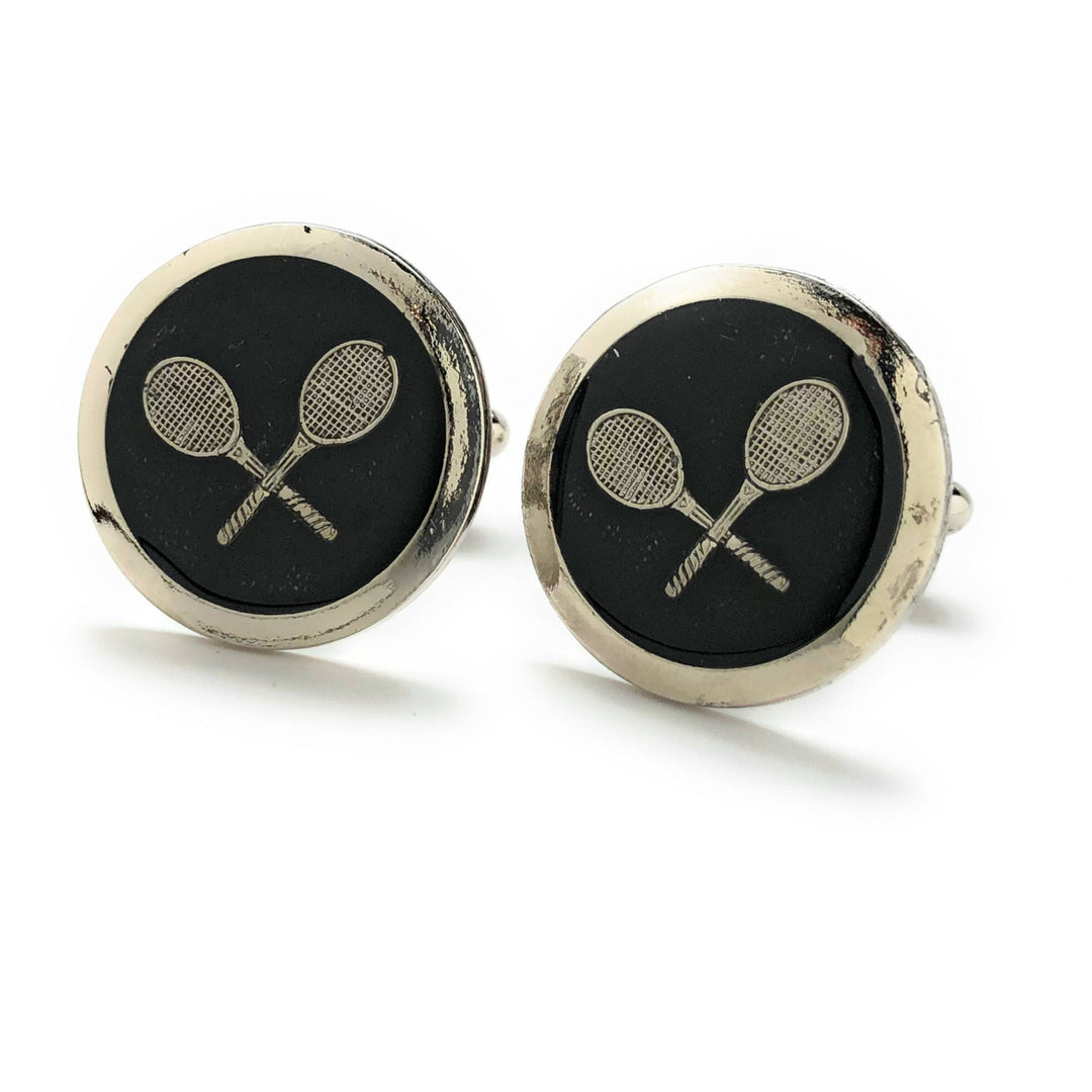 Professional Tennis Racket Cufflinks 3D Design Very Cool Unique Silver Tone Black Enamel Round Cuff Links Comes with Image 4