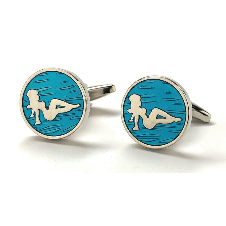 Blue Enamel Cufflinks Girl Mud Flap Cufflinks Keep on Trucking on the Road Again Car Driver Trucker Flaps Cool Fun Cuff Image 4