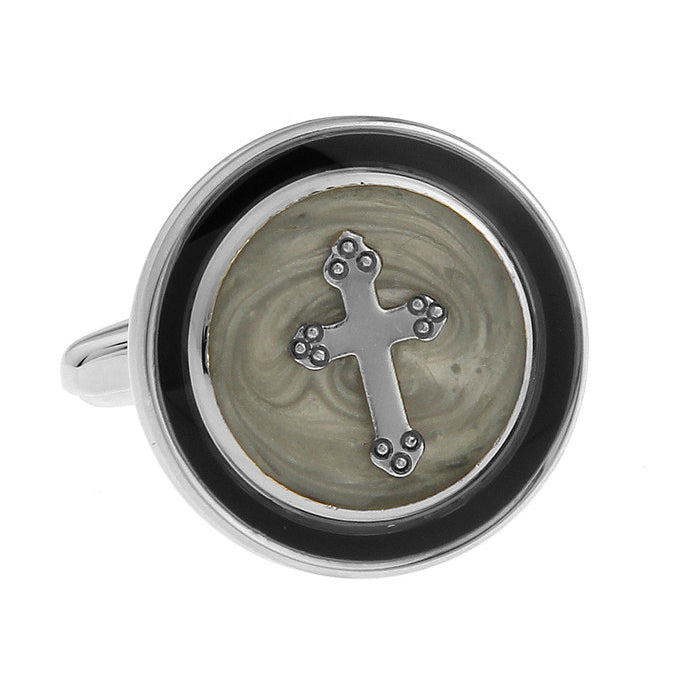 Round Silver and Black with Grey Religious Cross Cufflinks Cuff Links Image 1