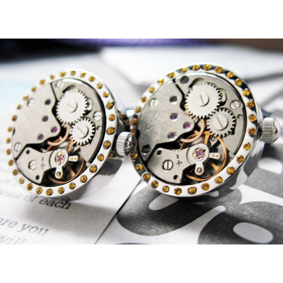 Crystal Watch Movement Cufflinks Vintage Canary Crystal Studded Silver Tone Functional Cuff Links Image 1
