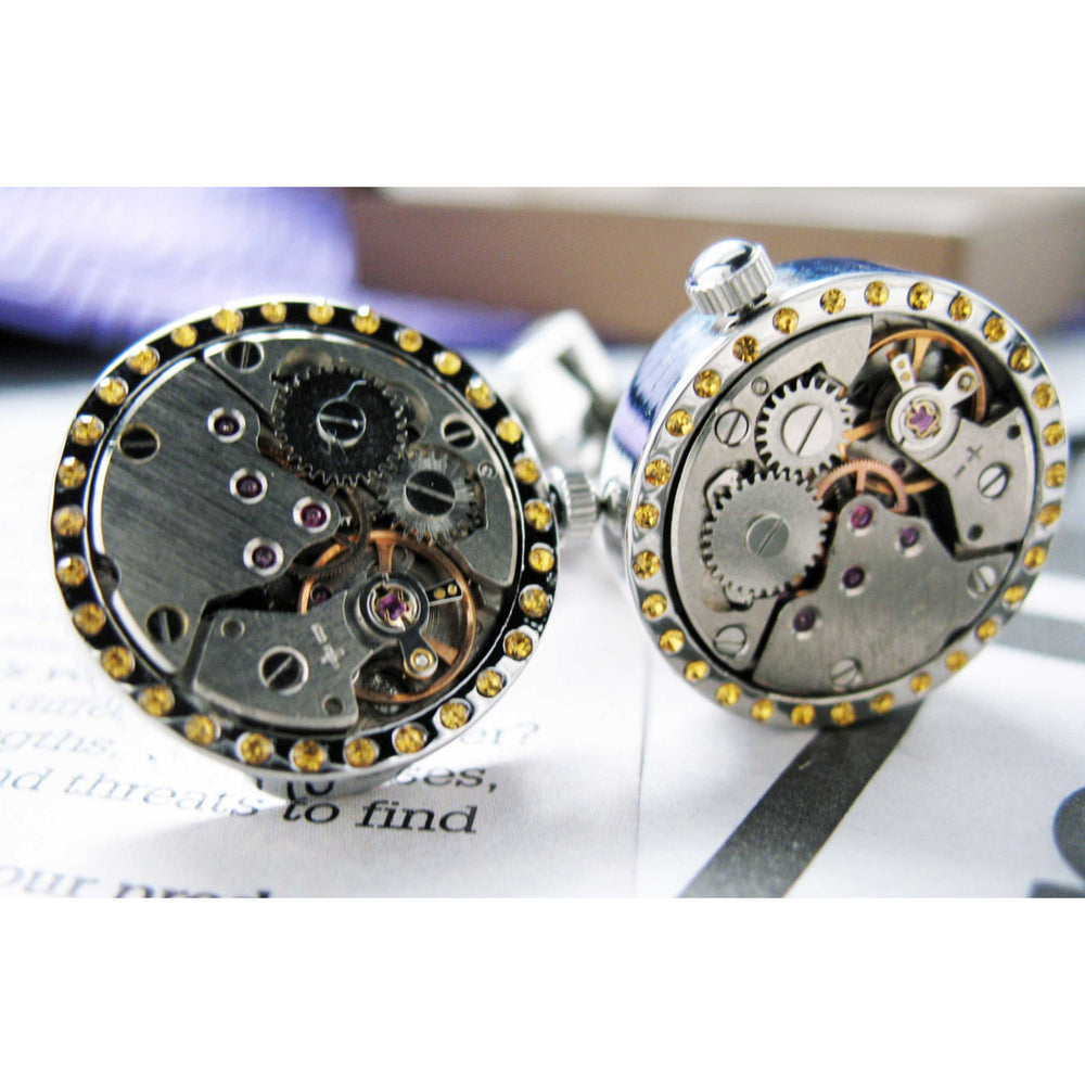 Crystal Watch Movement Cufflinks Vintage Canary Crystal Studded Silver Tone Functional Cuff Links Image 2