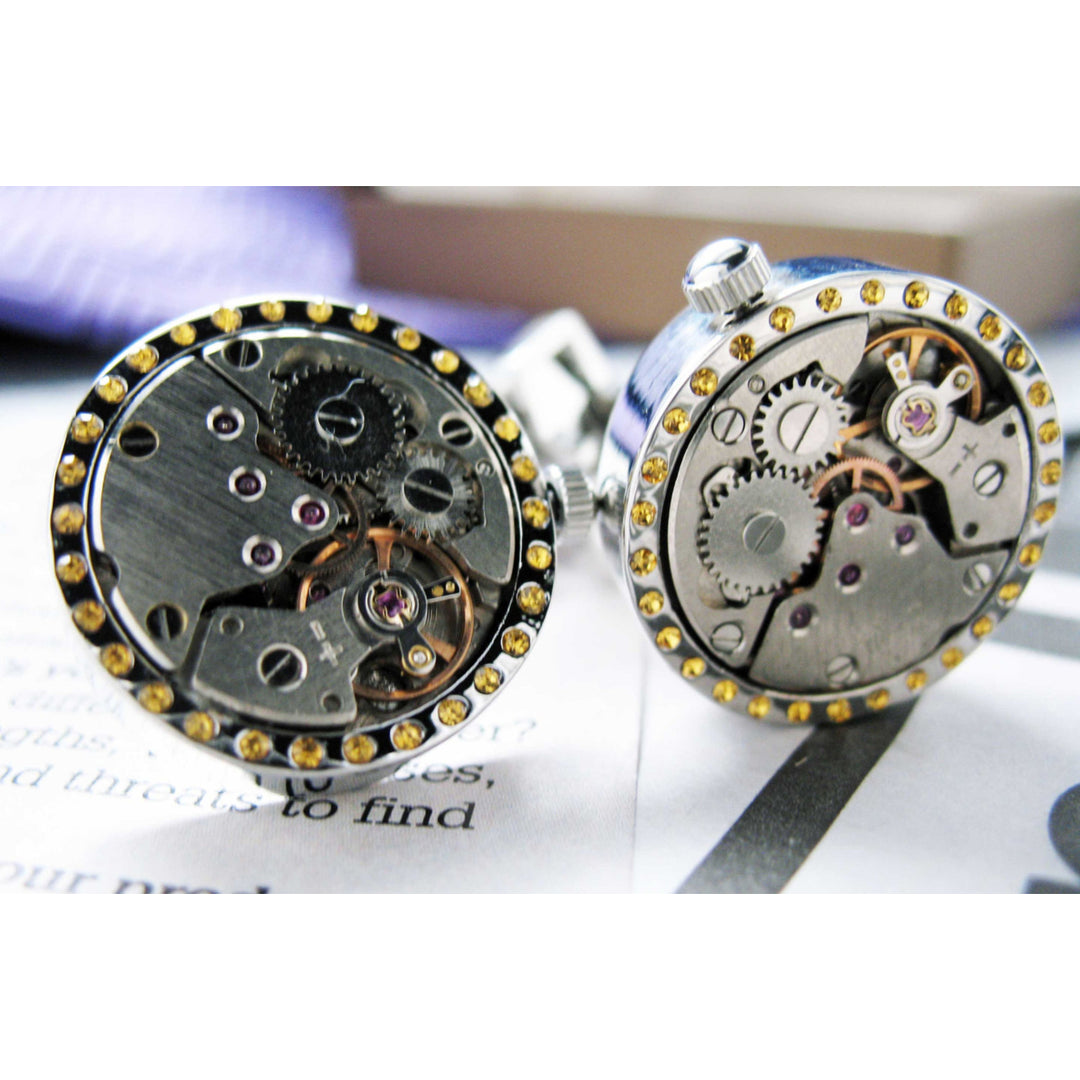 Crystal Watch Movement Cufflinks Vintage Canary Crystal Studded Silver Tone Functional Cuff Links Image 2