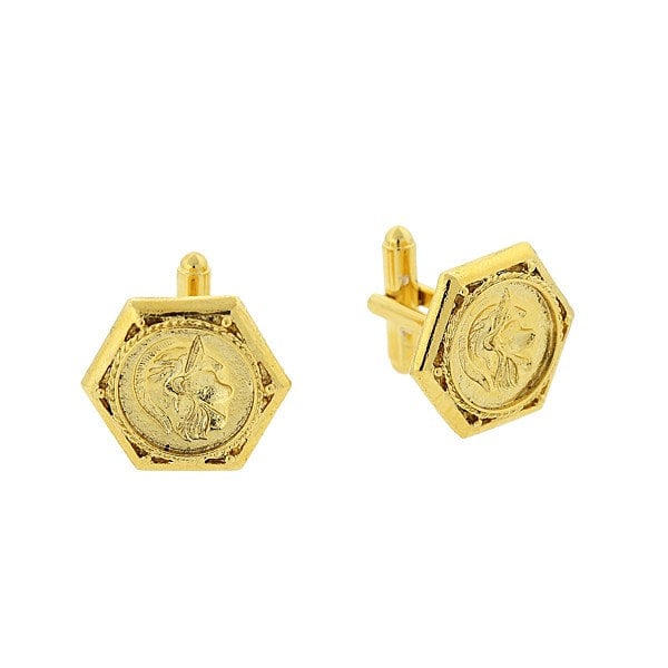 Gold Tone Ancient Greek Warrior Inlaid Ornalte Helmet Cuff Links Cufflinks Very Cool Gift Image 1