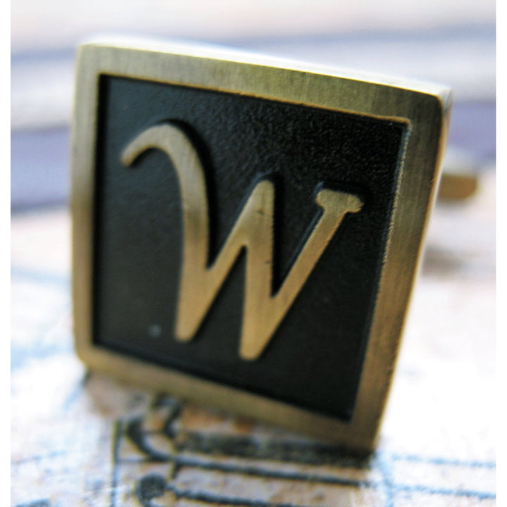 W Initial Cufflinks Antique Brass Square 3-D Letter Vintage English Lettering Cuff Links Groom Father Bride Wedding Box Image 1