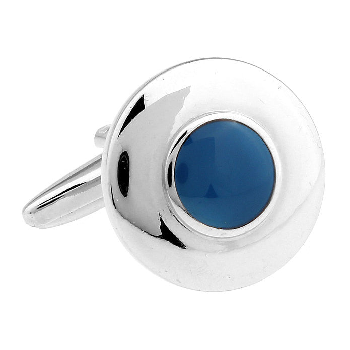 Silver Round Framed Blue Dragon Eye Dot Cufflinks Cuff Links Image 1
