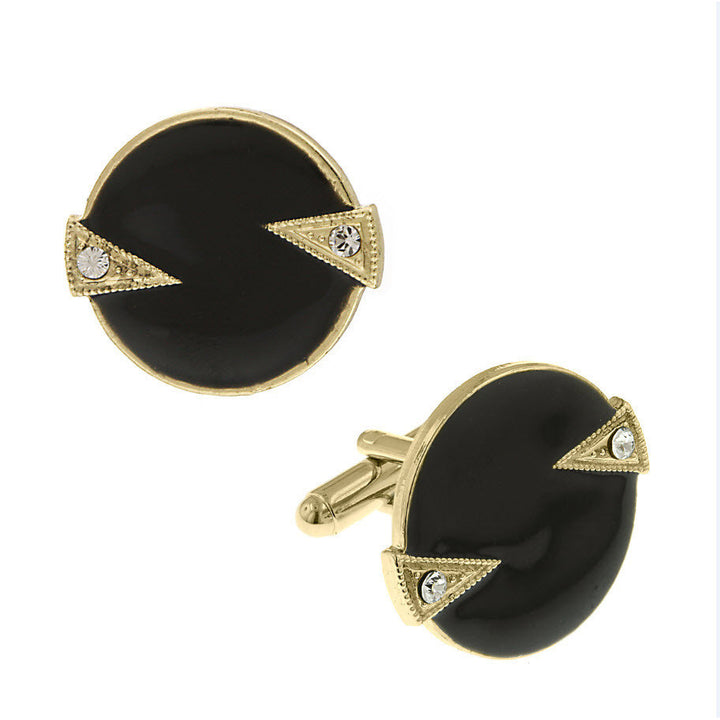 Whistler Cufflinks Round Gold Tone Crystal Black Enamel Round Cuff Links Image 1