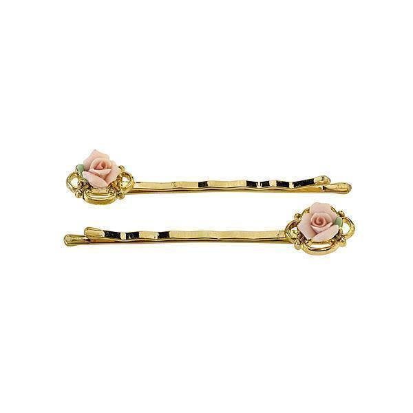 Gold Wedding Pin Gold Tone Elegant Porcelain Pink Rose Bobby Pin Pair Hair Jewelry Image 1