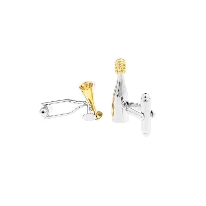 Champagne Bottle and Glasses Cufflinks Gold and SIlver Open up the Bubbly Champagne Cuff Links Image 2