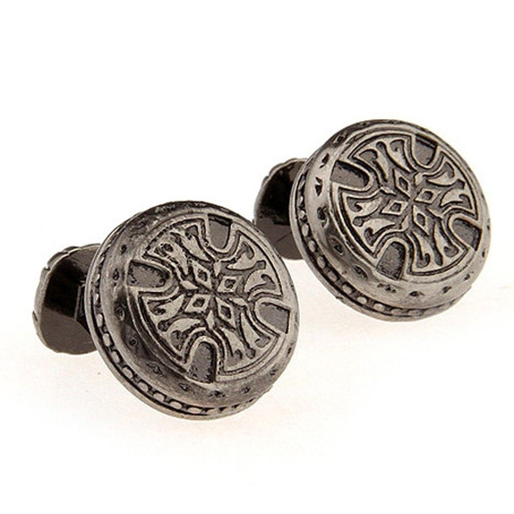 Designer Sculpted Pewter Middle Ages Round Cross Cufflinks Straight Post Heavy Detailed Style Cuff Links Image 2