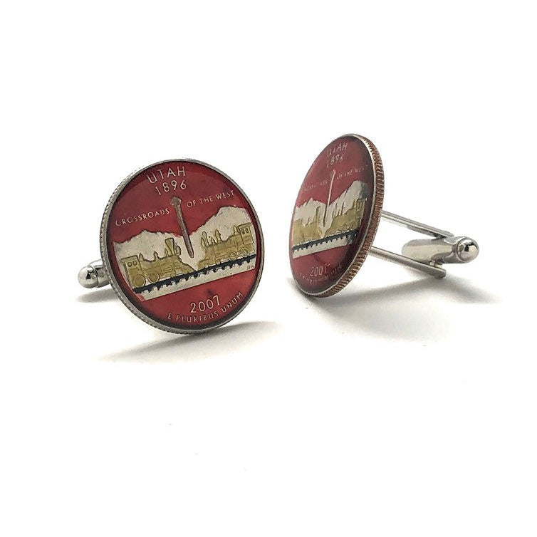 Enamel Cufflinks Hand Painted Utah State Quarter Enamel Coin Jewelry Money Currency Finance Accountant Cuff Links Red Image 2
