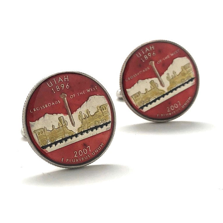 Enamel Cufflinks Hand Painted Utah State Quarter Enamel Coin Jewelry Money Currency Finance Accountant Cuff Links Red Image 3