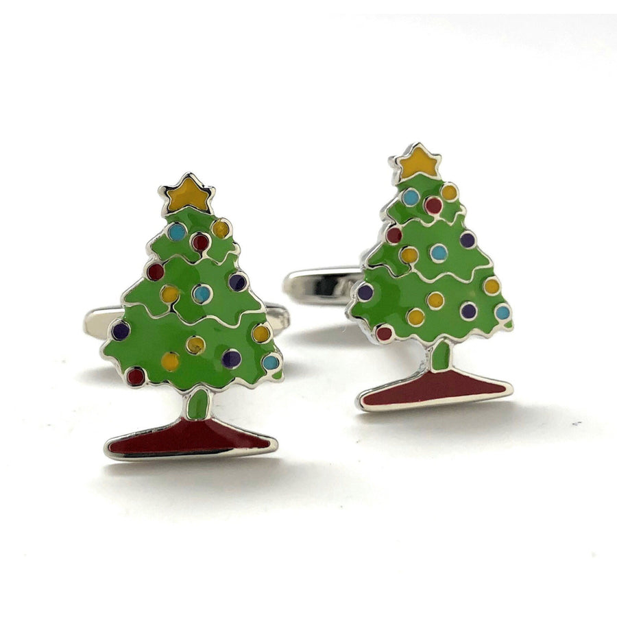 Mens Cufflinks Christmas Tree Green and Colors Enamel Cartoon Christmas Holiday Fun Cuff Links Comes with Gift Box Image 1