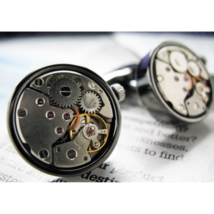 Steampunk Vintage Gunmetal Watch Movement Cufflinks Whale Tale Circular Functional Cuff Links Image 1