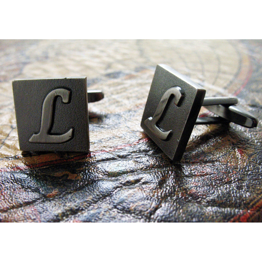 L Initial Cufflinks Gunmetal Square 3-D Letter Vintage English Personalized Wedding Cuff Links Groom Father Bride Image 1