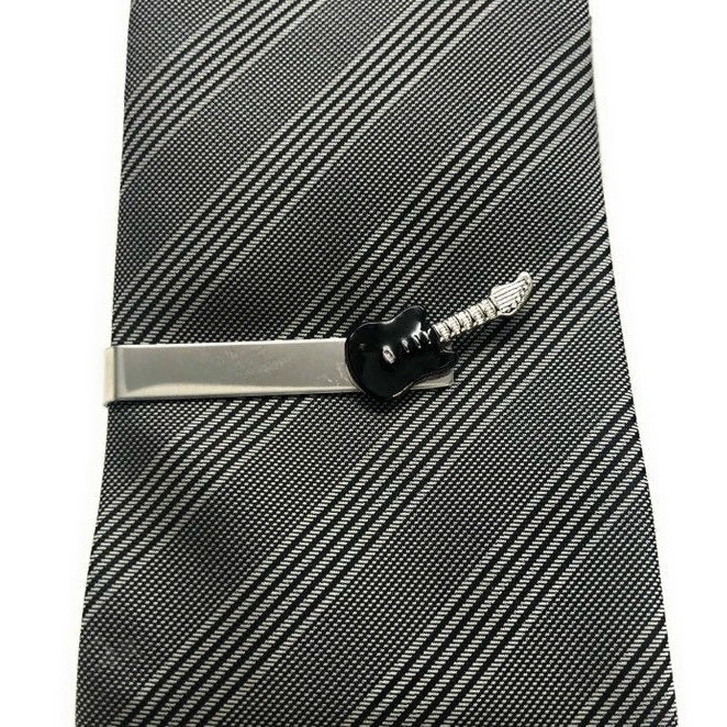 Guitar Tie Clip Tie Bar Black and Silver Tone Very Cool Comes with Gift Box Image 3