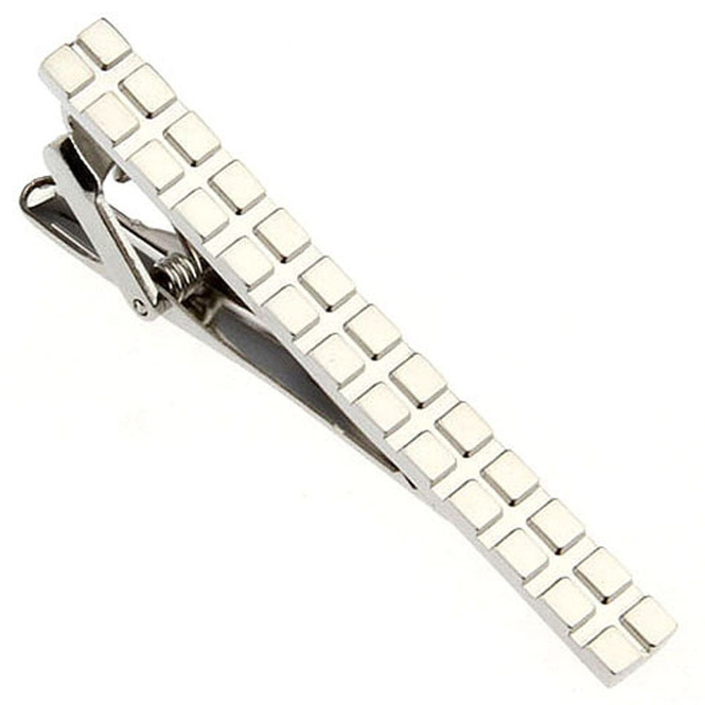 Houston Designer Silver Block Pattern Tie Clip Tie Bar Silver Tone Very Cool Comes with Gift Box Image 1