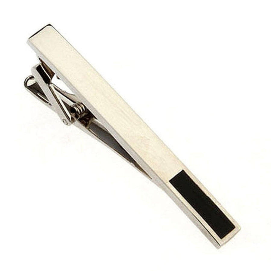 Jet Black Enamel Inlaid Block Men Tie Clip Tie Bar Silver Tone Very Cool Comes with Gift Box Image 1