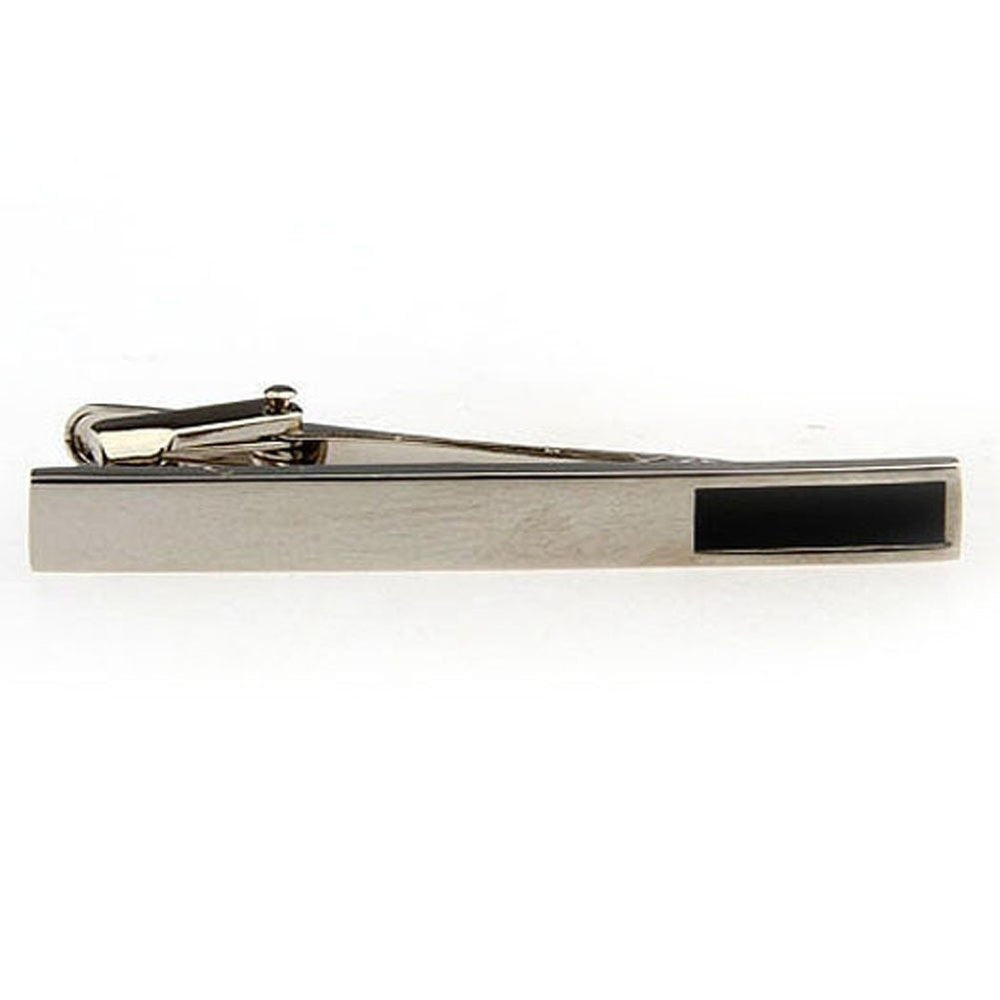 Jet Black Enamel Inlaid Block Men Tie Clip Tie Bar Silver Tone Very Cool Comes with Gift Box Image 2