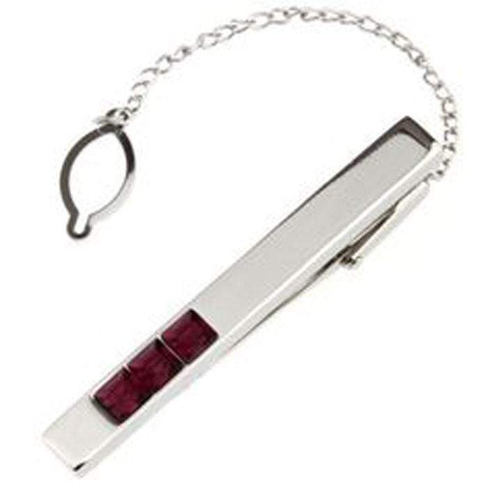Gleaming Silver Purple Burgundy Trio Crystal Inset Tie Clip Button Chain Tie Bar Silver Tone Very Cool Comes with Gift Image 1
