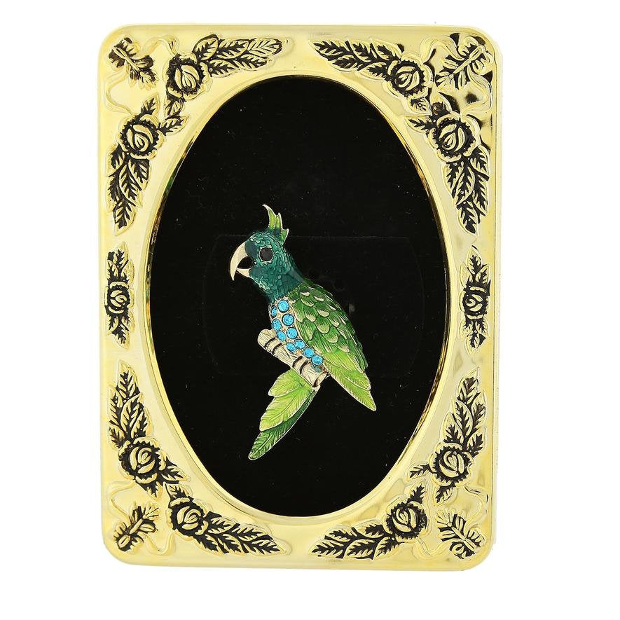 Gold Tone Framed Bird lapel pin Green Ombre with Crystal Parakeet Bird Brooch Silk Road Jewelry Image 1