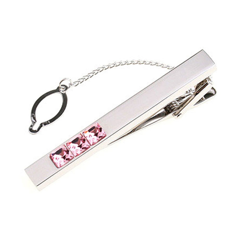 Gleaming Silver with Trio Pink Crystal Inset with Button Chain Tie Clip Tie Bar Silver Tone Very Cool Comes with Gift Image 1