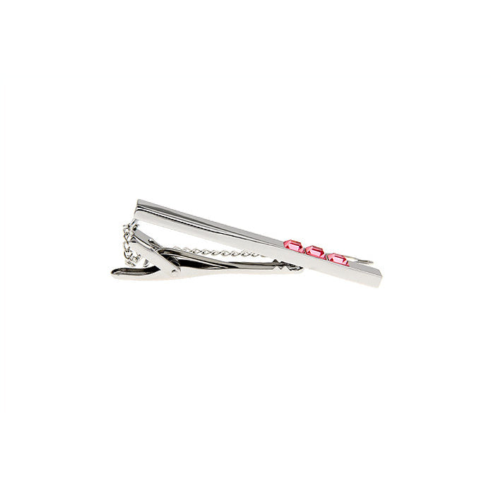 Gleaming Silver with Trio Pink Crystal Inset with Button Chain Tie Clip Tie Bar Silver Tone Very Cool Comes with Gift Image 2