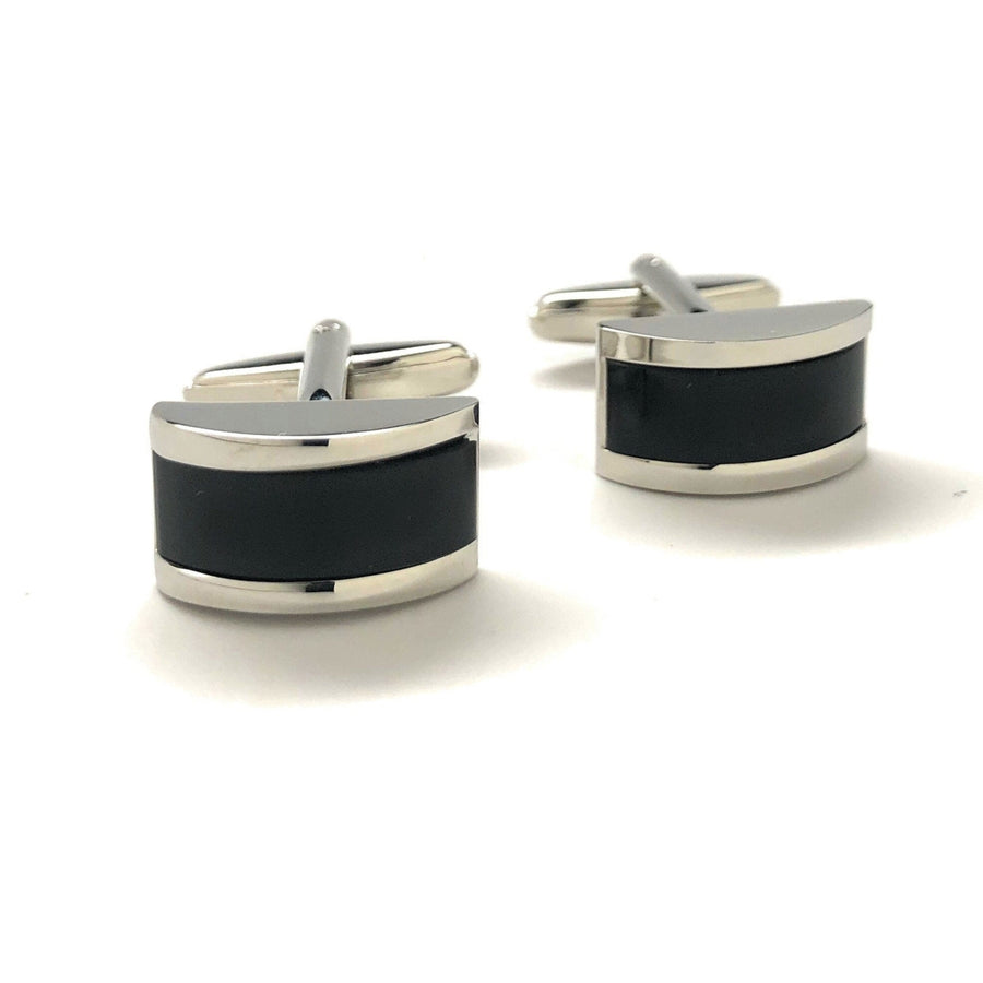 Mens Cufflinks Black Agate Silver Tone Stripe Big Curved Dome Shaped Designer Cut Thick Silver Cuff Links Comes with Image 1