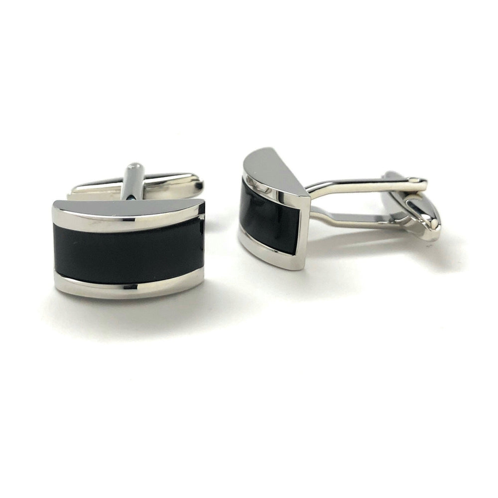 Mens Cufflinks Black Agate Silver Tone Stripe Big Curved Dome Shaped Designer Cut Thick Silver Cuff Links Comes with Image 2