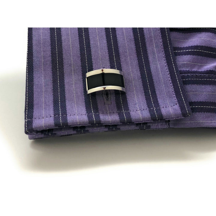 Mens Cufflinks Black Agate Silver Tone Stripe Big Curved Dome Shaped Designer Cut Thick Silver Cuff Links Comes with Image 4