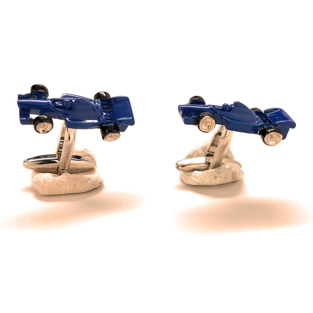 Formula 1 Race Car Cufflinks Royal Blue Finish 3D Detailed Indy Car Fun Cool Unique Design Cuff Links Comes with Gift Image 1