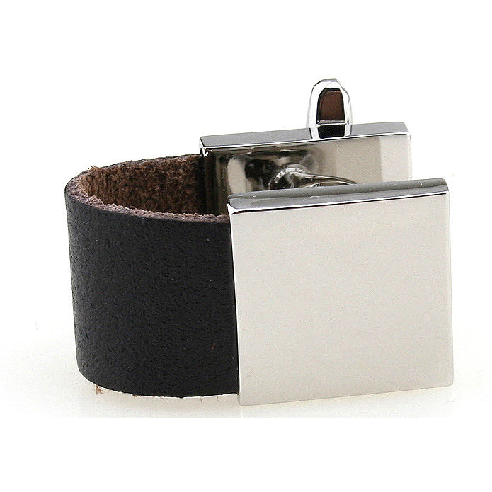 Classic Silver Block with Black Leather Wraparound Cufflinks Cuff Links Image 1