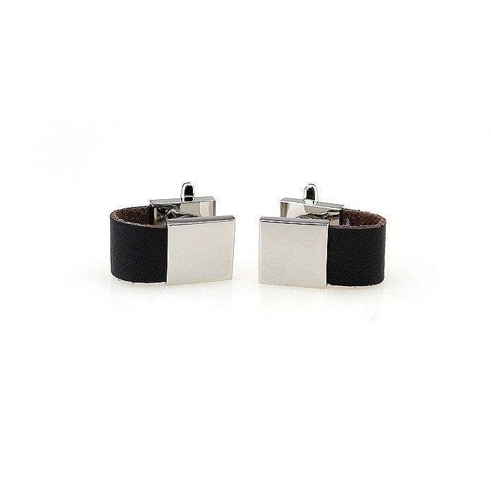 Classic Silver Block with Black Leather Wraparound Cufflinks Cuff Links Image 2