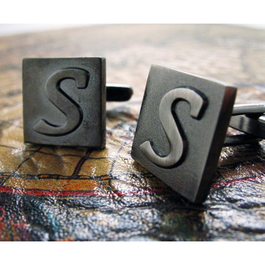 S Initial Cufflinks Gunmetal Square 3-D Letter Vintage English Letters Cuff Links Groom Father Bride Wedding Image 1