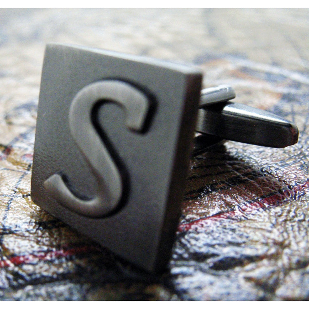 S Initial Cufflinks Gunmetal Square 3-D Letter Vintage English Letters Cuff Links Groom Father Bride Wedding Image 2