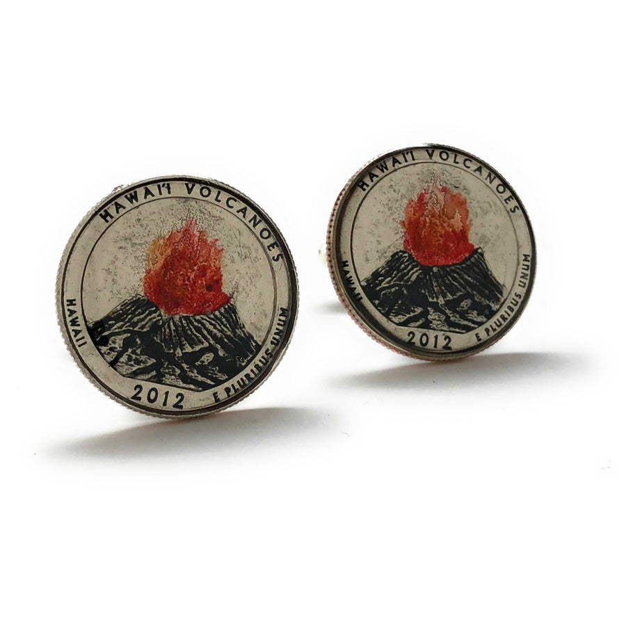 Enamel Cufflinks Hand Painted Hawaii Volcanoes Enamel Coin Jewelry US Quarter National Parks Cuff Links Black Red Enamel Image 1