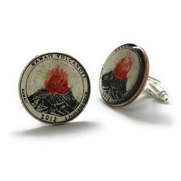 Enamel Cufflinks Hand Painted Hawaii Volcanoes Enamel Coin Jewelry US Quarter National Parks Cuff Links Black Red Enamel Image 2