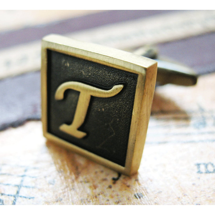 T Initial Cufflinks Antique Brass Square 3-D Letter Vintage English Lettering Cuff Links Groom Father Bride Wedding Box Image 1