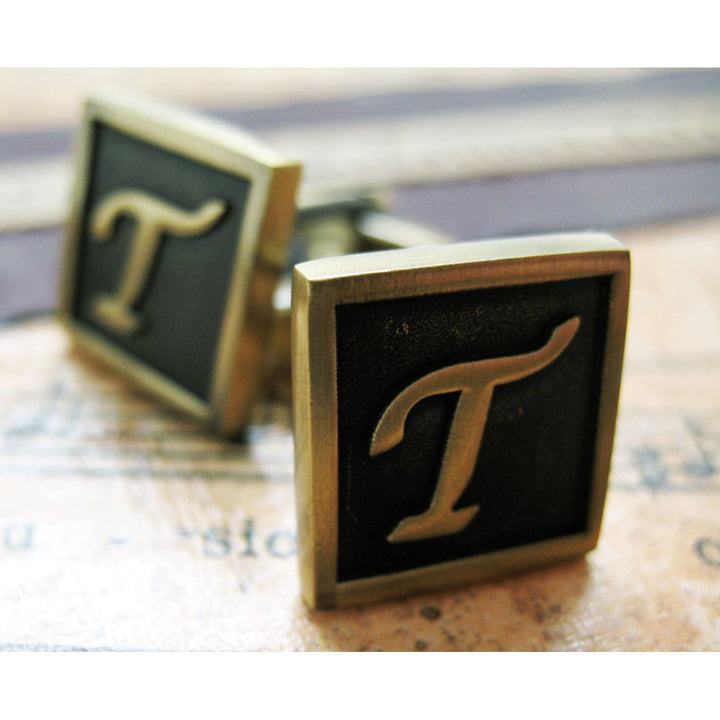 T Initial Cufflinks Antique Brass Square 3-D Letter Vintage English Lettering Cuff Links Groom Father Bride Wedding Box Image 3