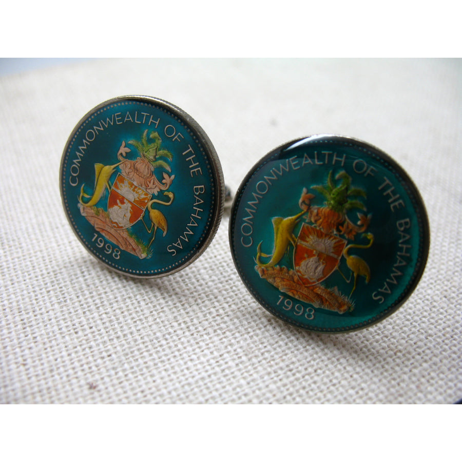 Birth Year Enamel Cufflinks Bahamas Crest Hand Painted Coins Ocean Sea Cuff Links Blue Enamel Coin Jewelry Cufflinks Image 1