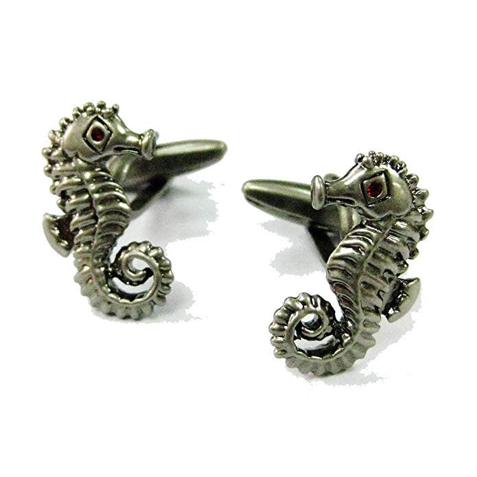 Executive Seahorse Cufflinks Gunmetal Tone Ocean Life Sea Horse Seahorse Red Crystal Cuff Links Image 1