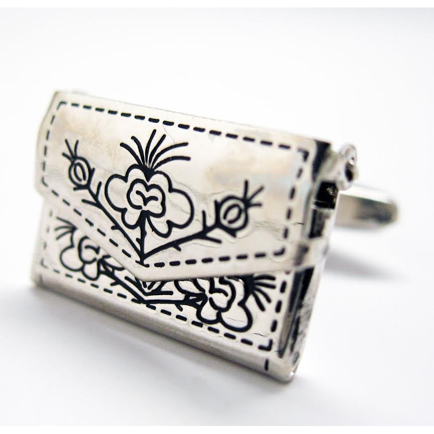 Ladies Purse Cufflinks Womens Jewelry Black Etched Wild Flowers Silver Purse Cufflinks Cuff Links Image 1