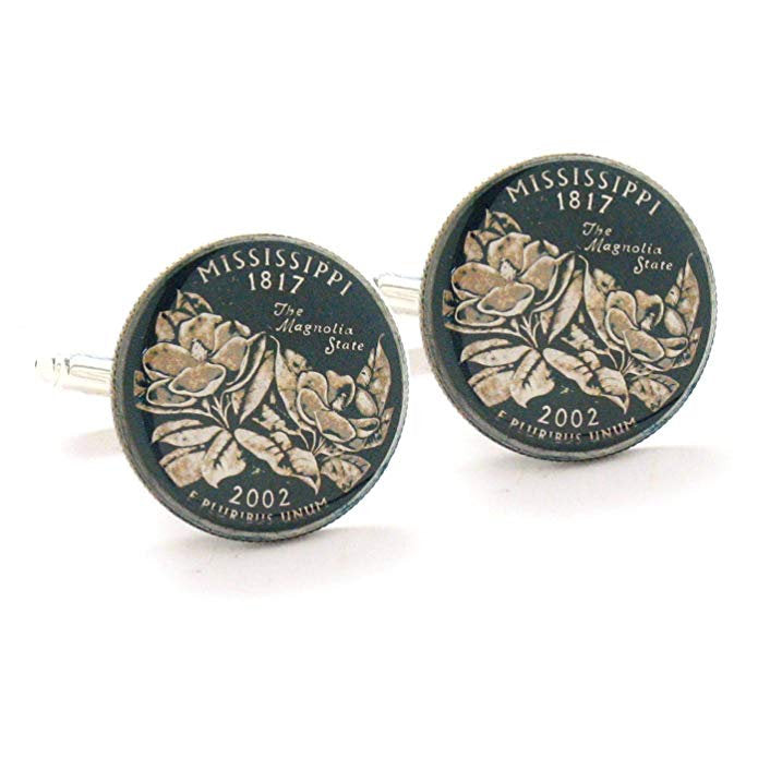 Enamel Cufflinks Mississippi Quarter Suit Flag State Enamel Coin Jewelry USA United States America Flower Jackson Image 1