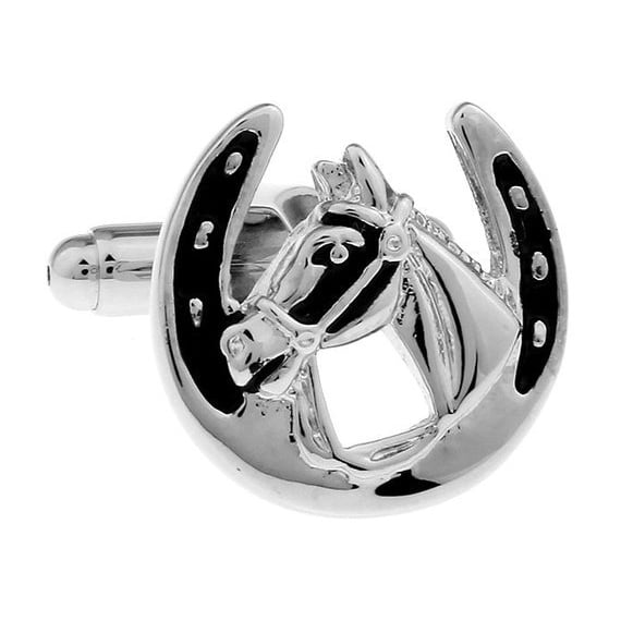 Black and Silver Lucky Horseshoe Cufflinks Brass Winning Horse Charms Cuff Links Image 1
