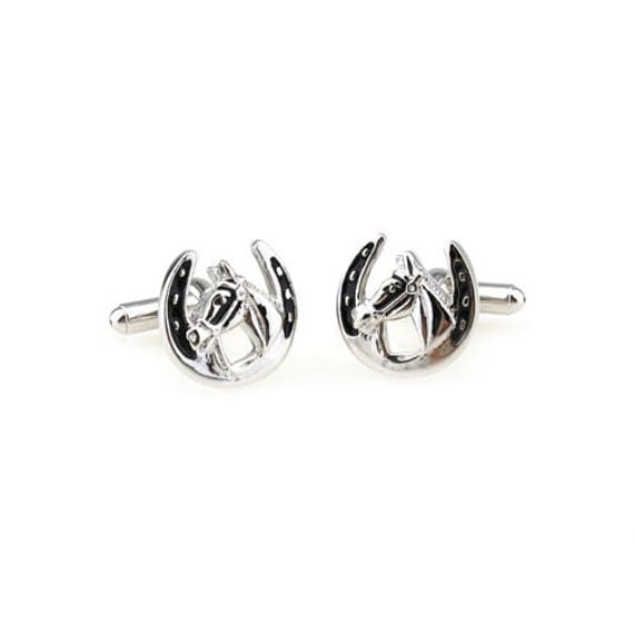 Black and Silver Lucky Horseshoe Cufflinks Brass Winning Horse Charms Cuff Links Image 2