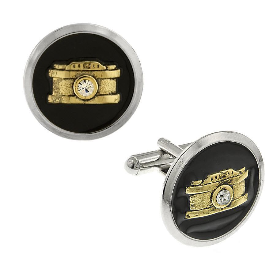 Crystal Camera Cufflinks Silver Tone Black Enamel Gold Tone Crystal Cuff Links Image 1