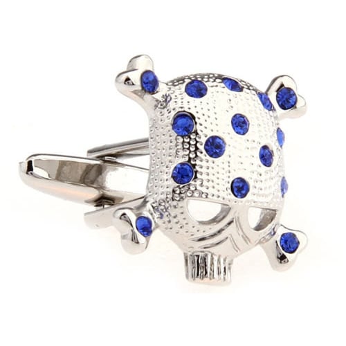 Designer Blue Crystal Skull Skeleton Head with Crossbones Cufflinks Cuff Links Image 1