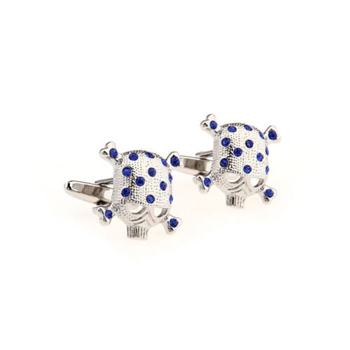 Designer Blue Crystal Skull Skeleton Head with Crossbones Cufflinks Cuff Links Image 2