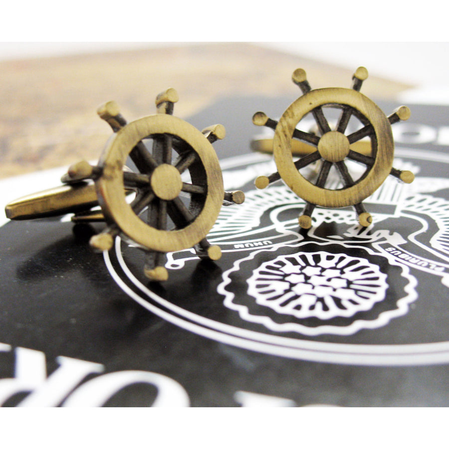 Steering Wheel Cufflinks Vintage Gold Tone Antique Look Cut Out Ship Cuff Links Image 1