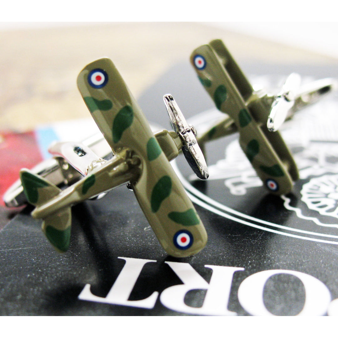 Camouflage Airplane Cufflinks World War I British Bi Plane Working Spinning Prop Cuff Links Image 1