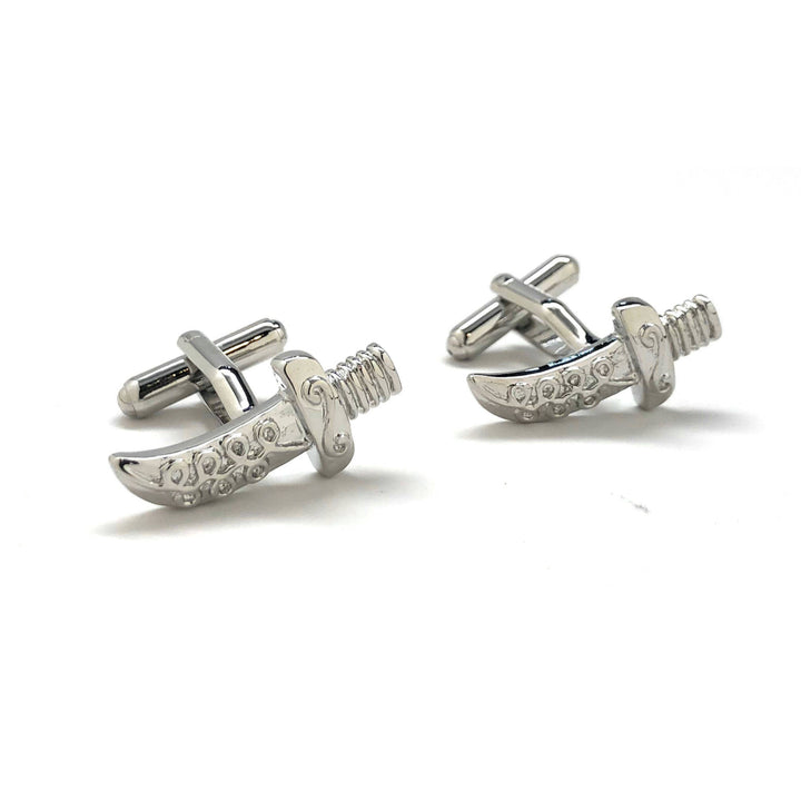 Silver Tone Persian Sword Cufflinks The Bigger the Sword the Better Fun Cool Novelty Pirate Arabian Knight Cuff Links Image 1